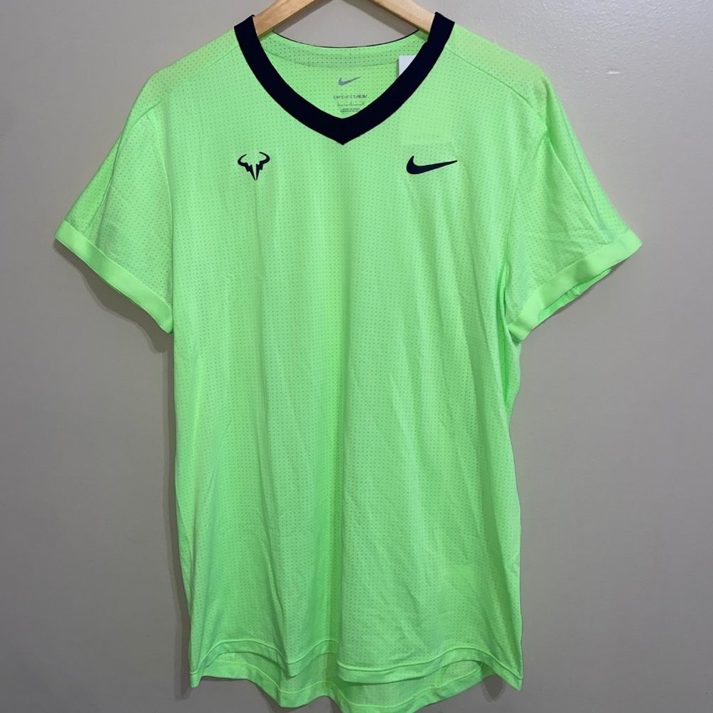Nike Court AeroReact Rafa Nadal Men Tennis Shirt Lime CV2802-345 Size L New $100